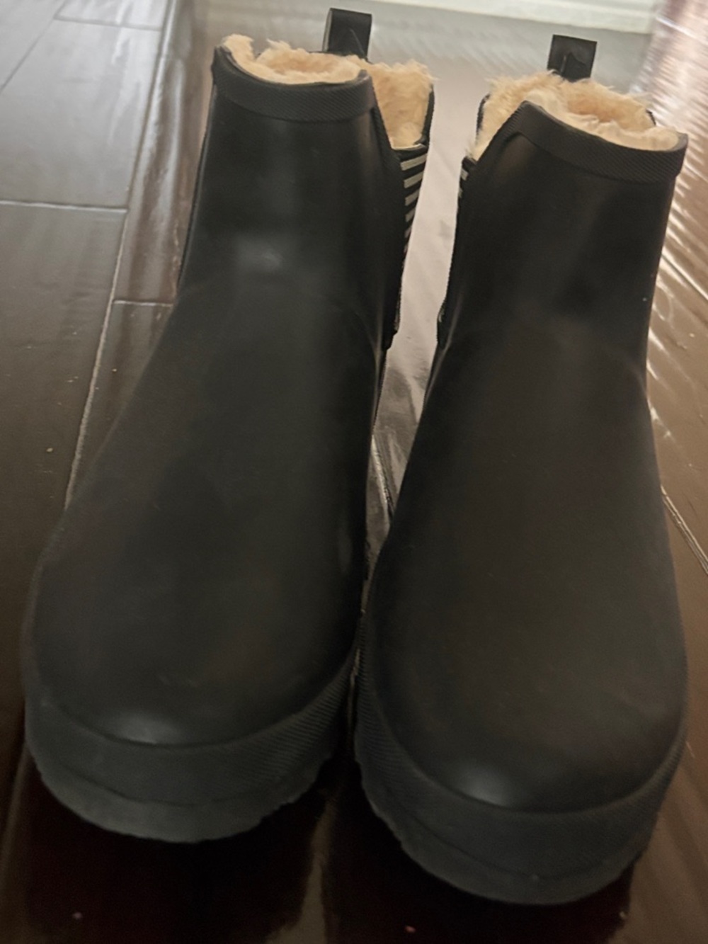 Women's Black Waterproof Chelsea Rain Boots with Faux Fur Lining